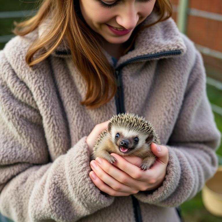 A wildlife volunteer gently cradling a rescued hedgehog