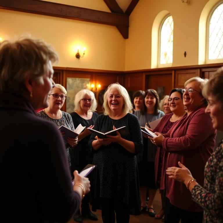 A community choir singing from songbooks in a village hall