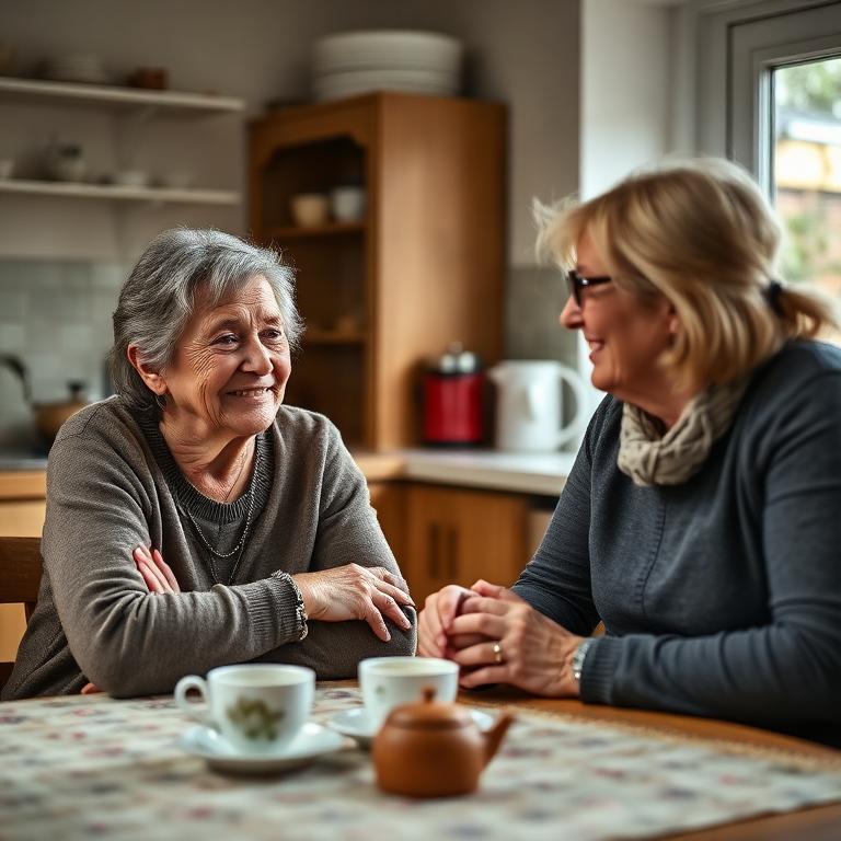 An unpaid carer chatting with a support worker over tea at a kitchen table
