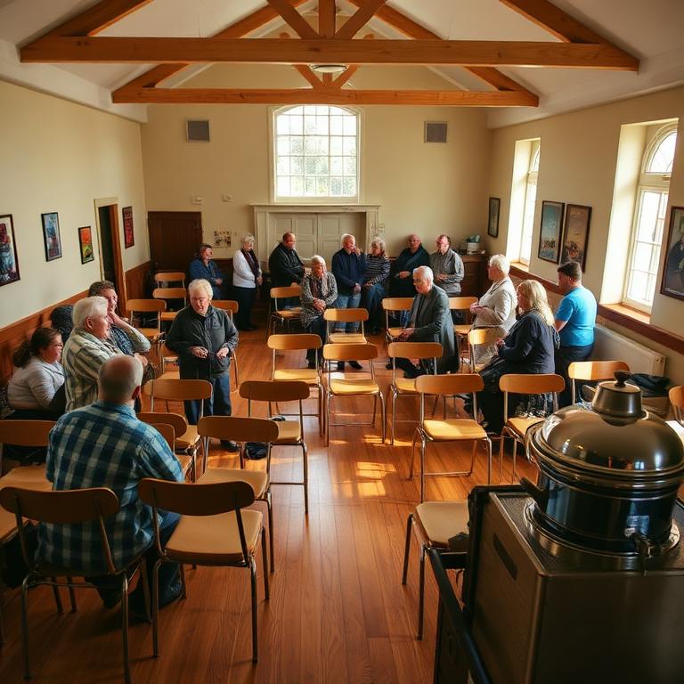 Neighbours setting out chairs and chatting before a meeting in a community hall