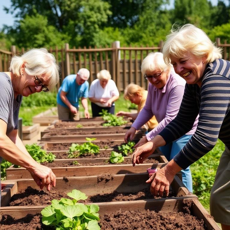 Neighbours of different ages tending vegetables in raised beds at a community garden