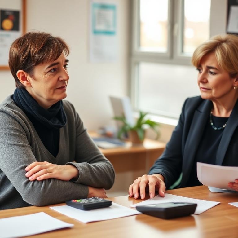 A money adviser talking with a client across a desk covered in paperwork
