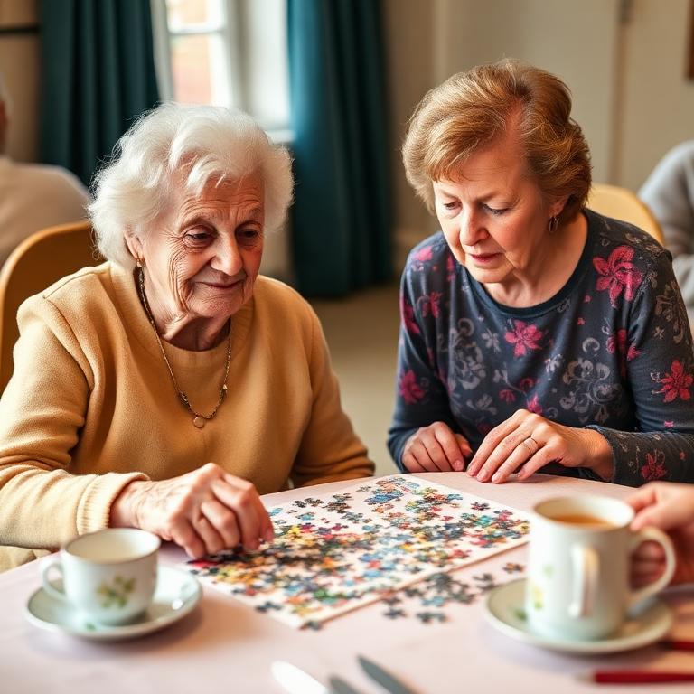 An older woman and a younger relative doing a jigsaw together at a memory café