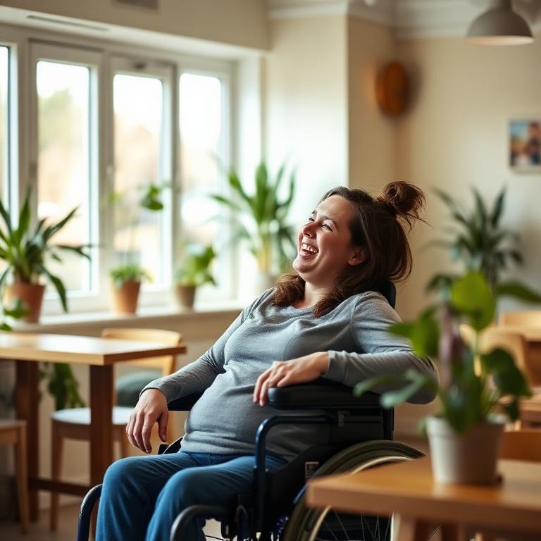 A wheelchair user laughing in a bright plant-filled community café