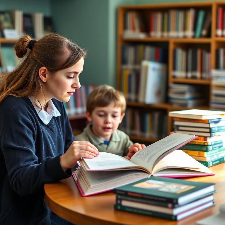 A volunteer tutor reading a picture book with a young child at a library table