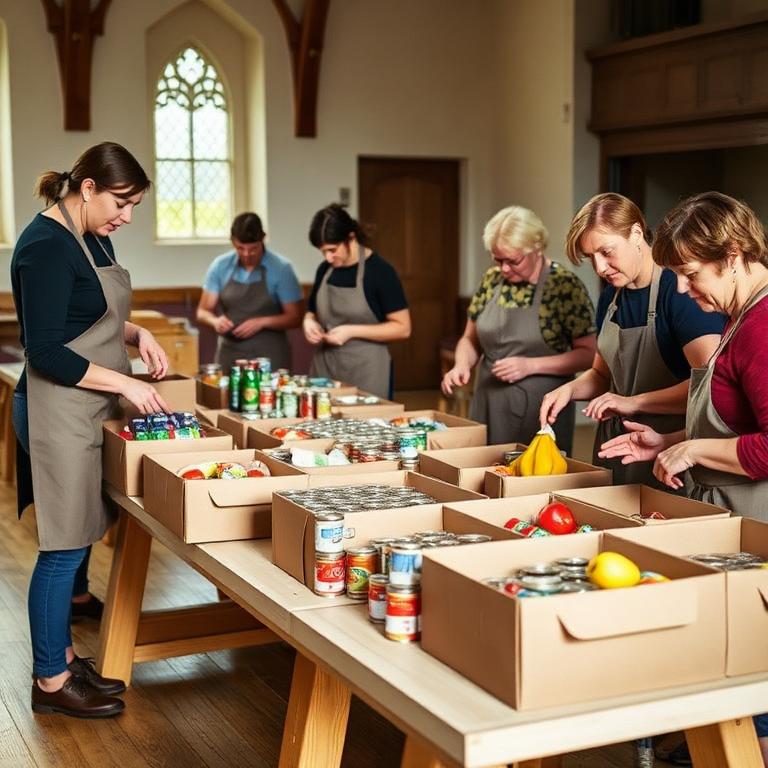 Volunteers in aprons packing food parcels on trestle tables in a church hall