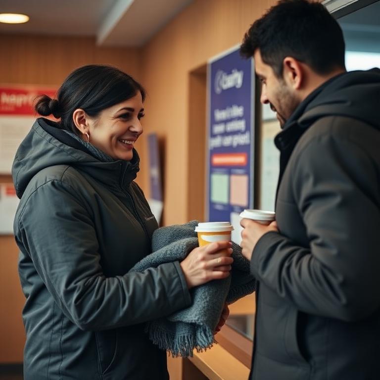 A support worker handing a blanket and hot drink to a man at a night shelter reception