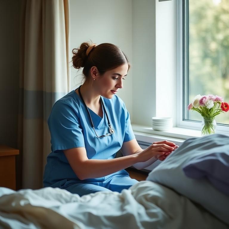 A hospice nurse sitting at a patient's bedside holding their hand