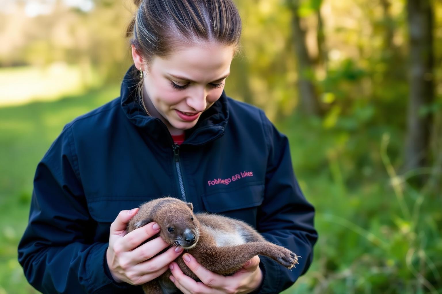 A wildlife volunteer caring for a rescued animal outdoors