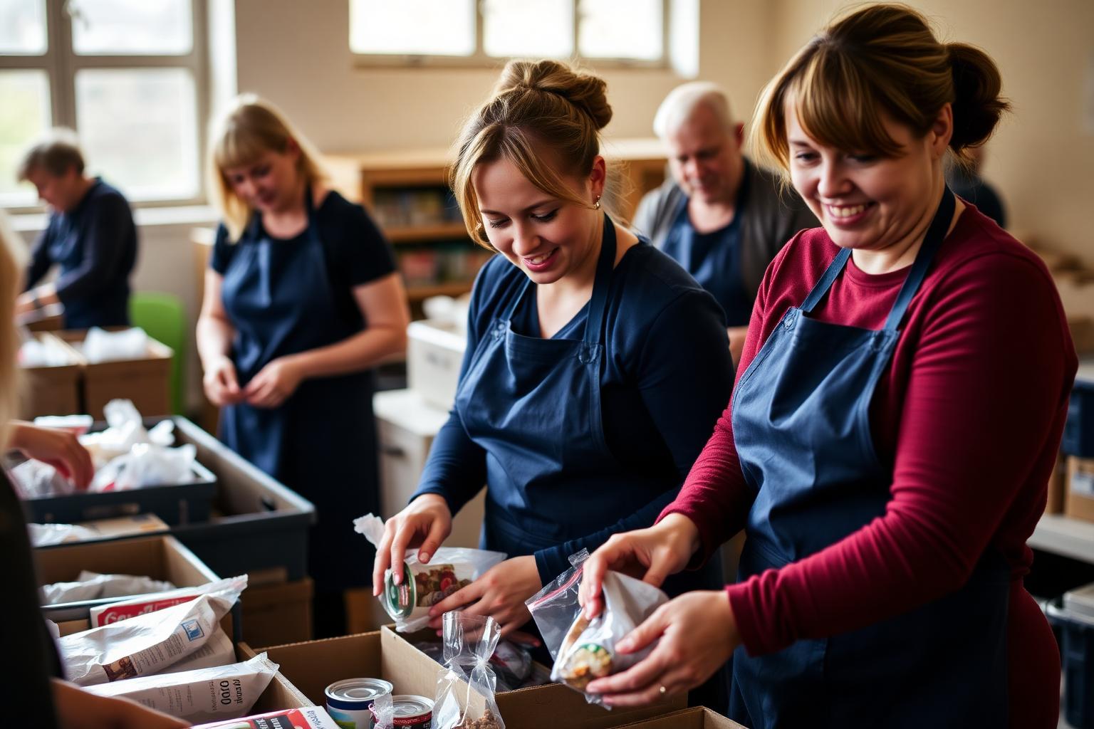 Volunteers packing food parcels at a community food bank