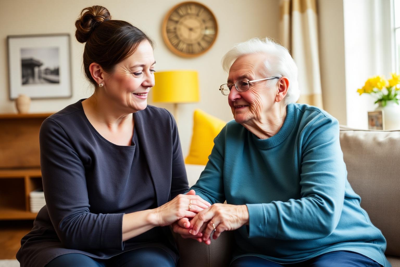 A carer sitting with an older person, holding hands