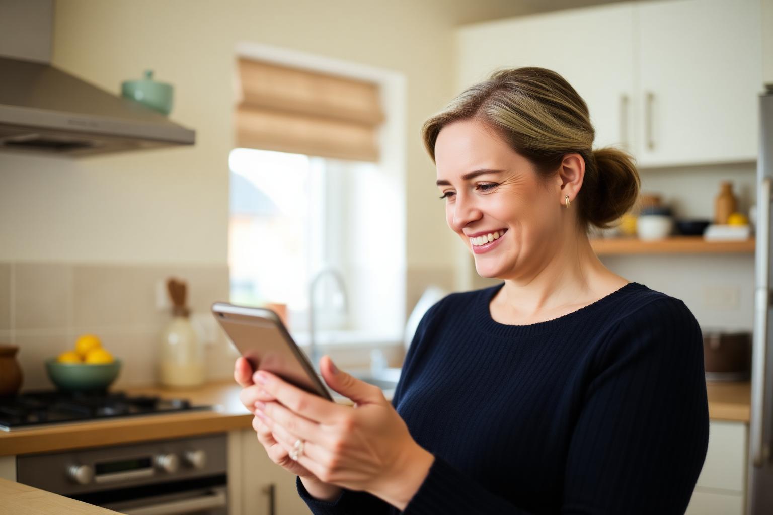 A woman smiling at her phone in her kitchen