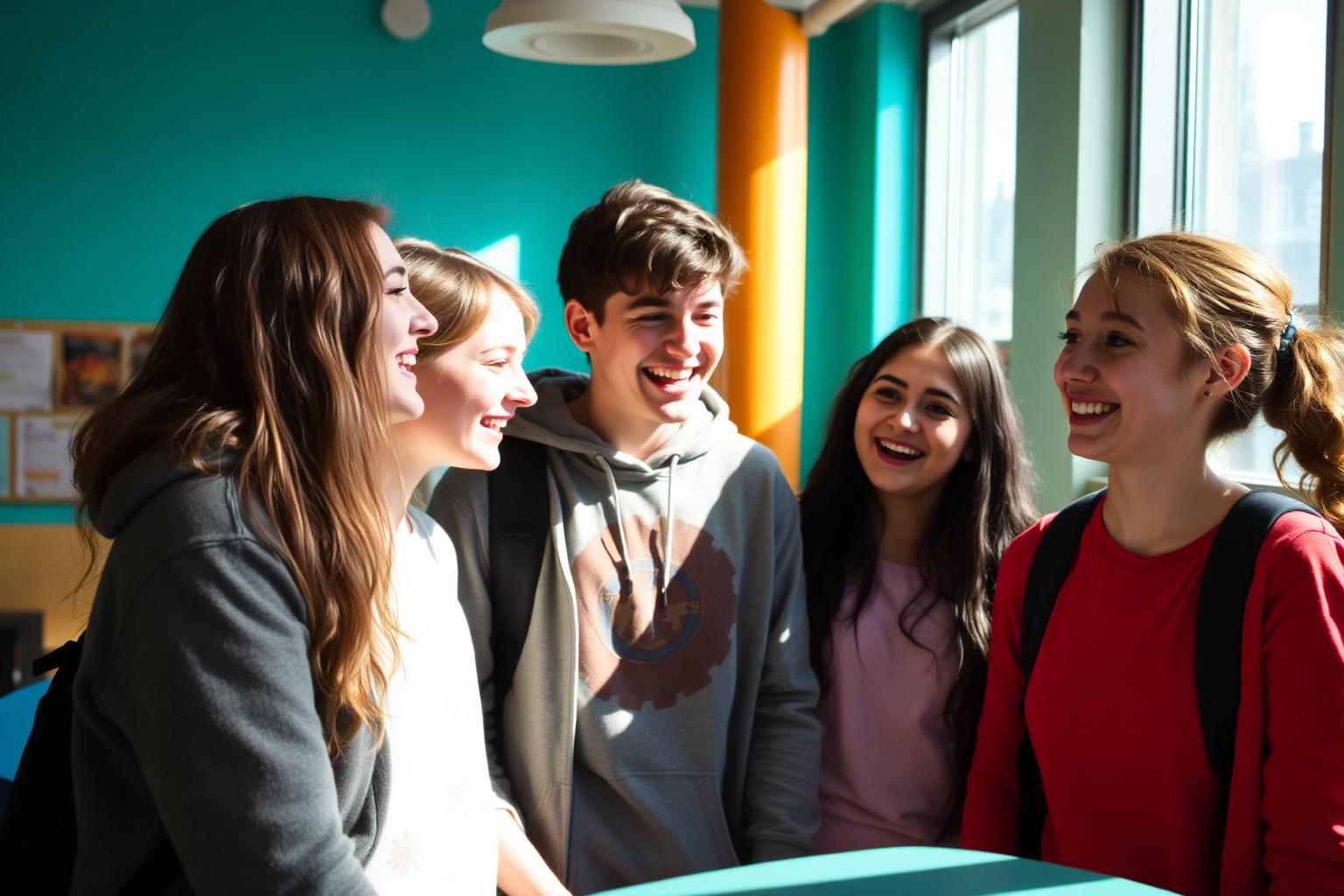 Teenagers laughing with a youth worker at a community club