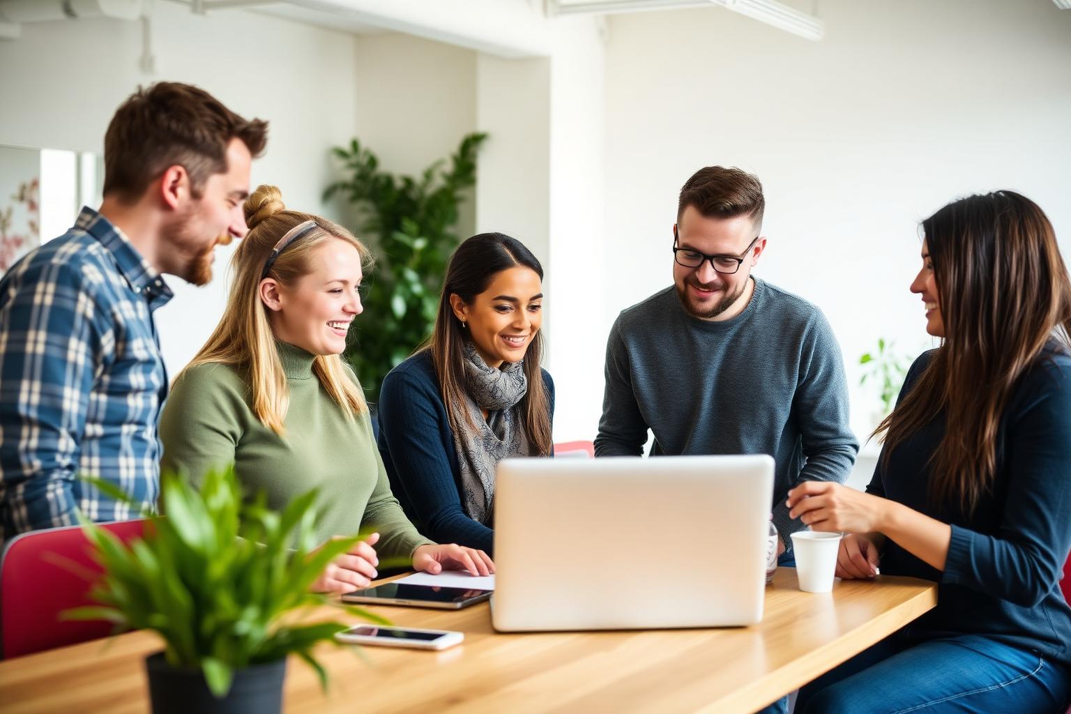 A small startup team talking around a laptop in a light office