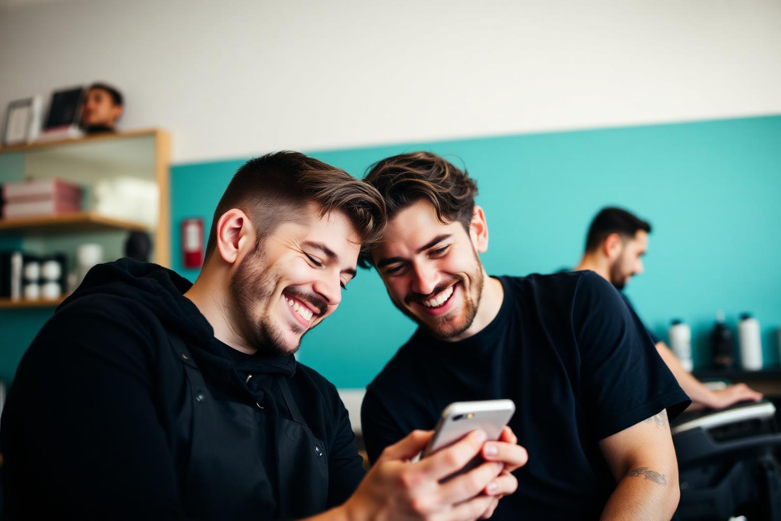 Two barbers laughing together over a phone in their shop