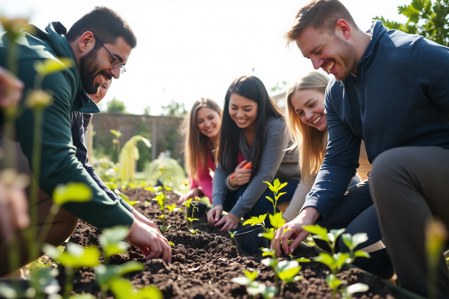A small business team planting together at a community garden project
