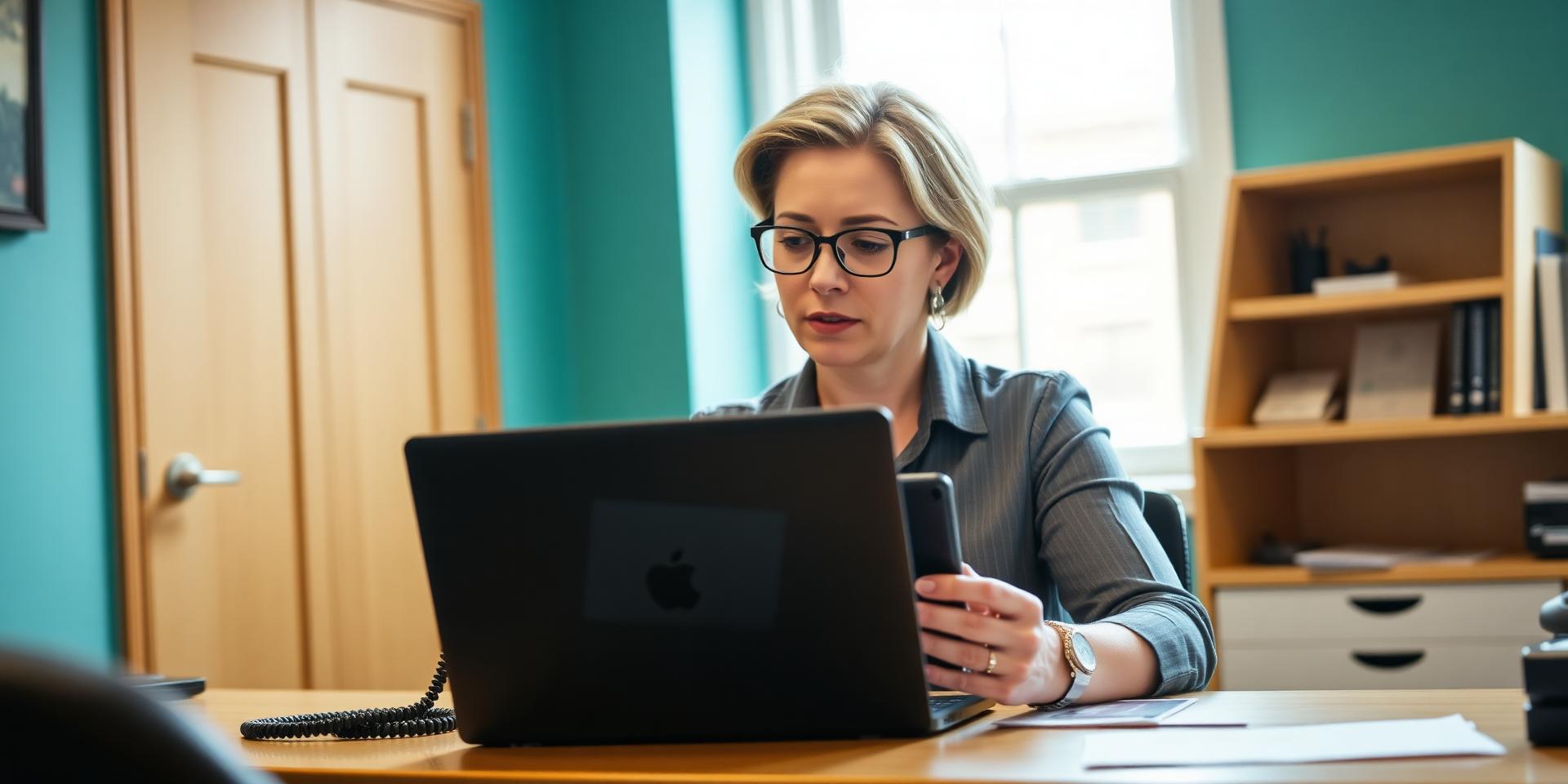 A small-business manager reviewing work phones and plans at her desk