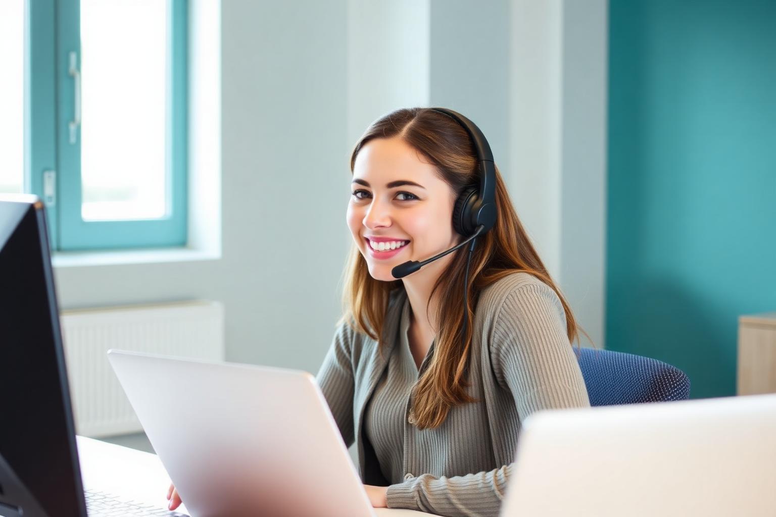 A UK support adviser smiling mid-conversation at her desk