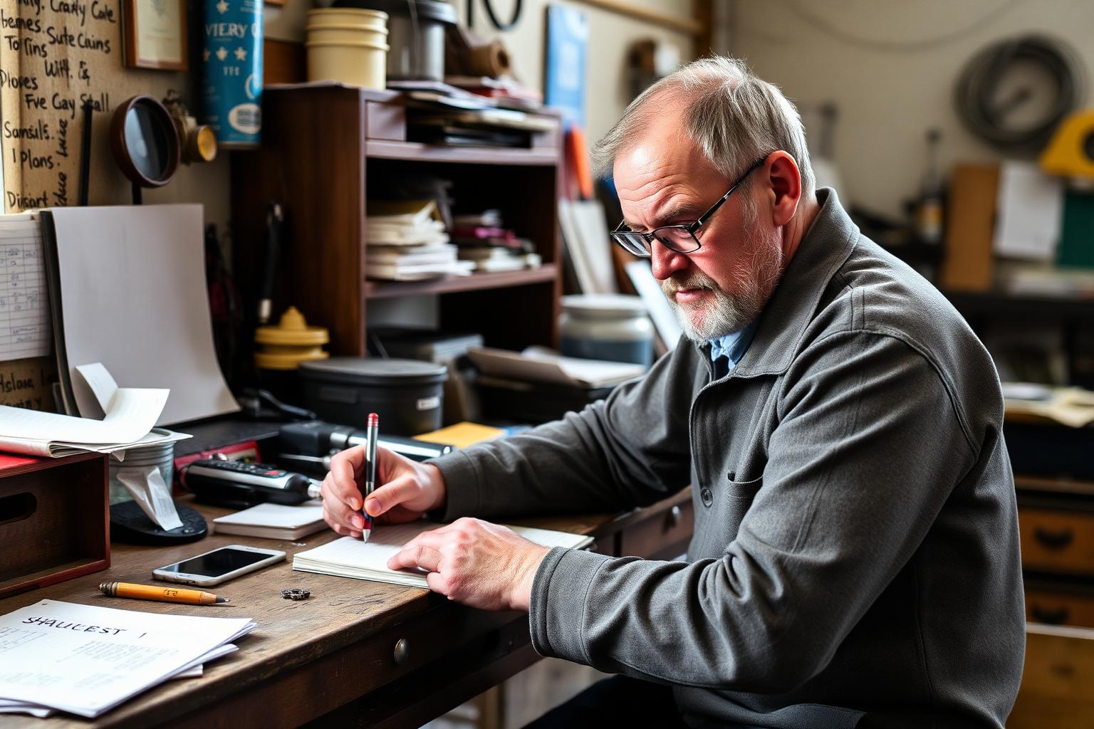 A workshop owner working out costs in a notebook at his bench