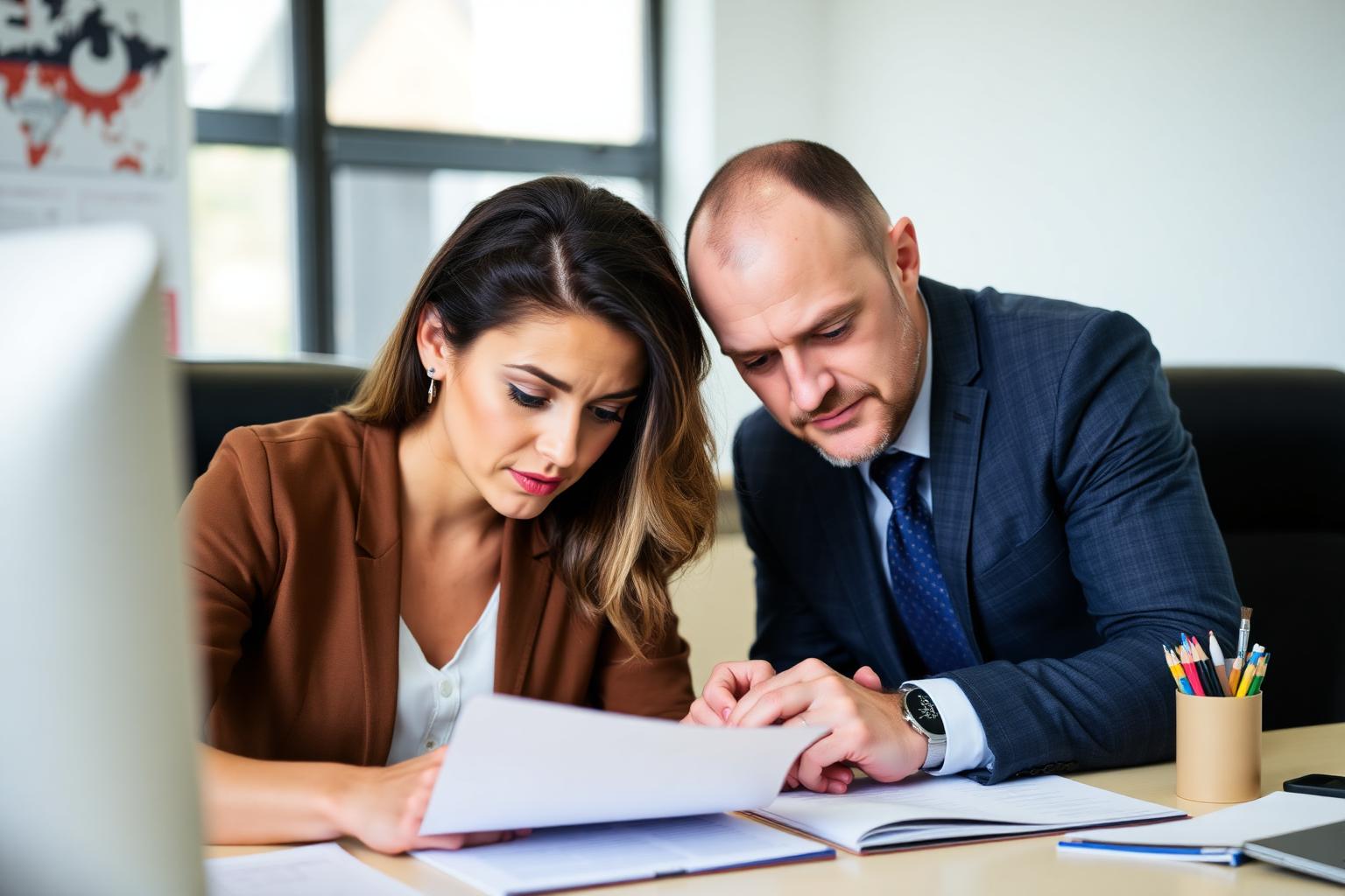 Two colleagues reading through a contract together at a desk