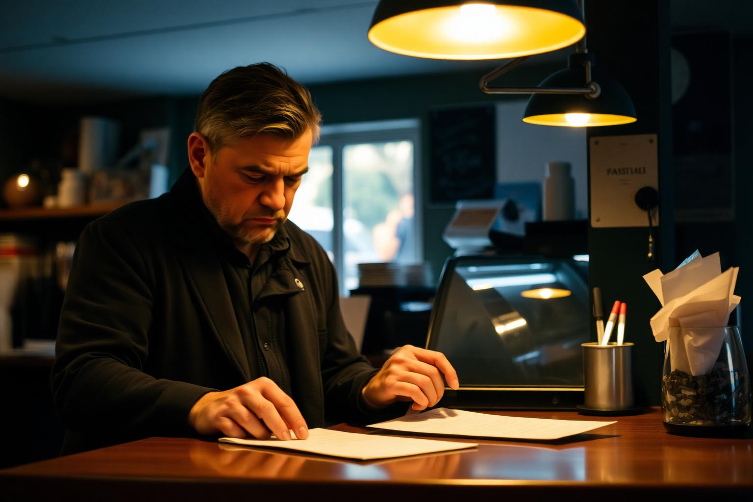 A cafe manager frowning at a paper bill at closing time