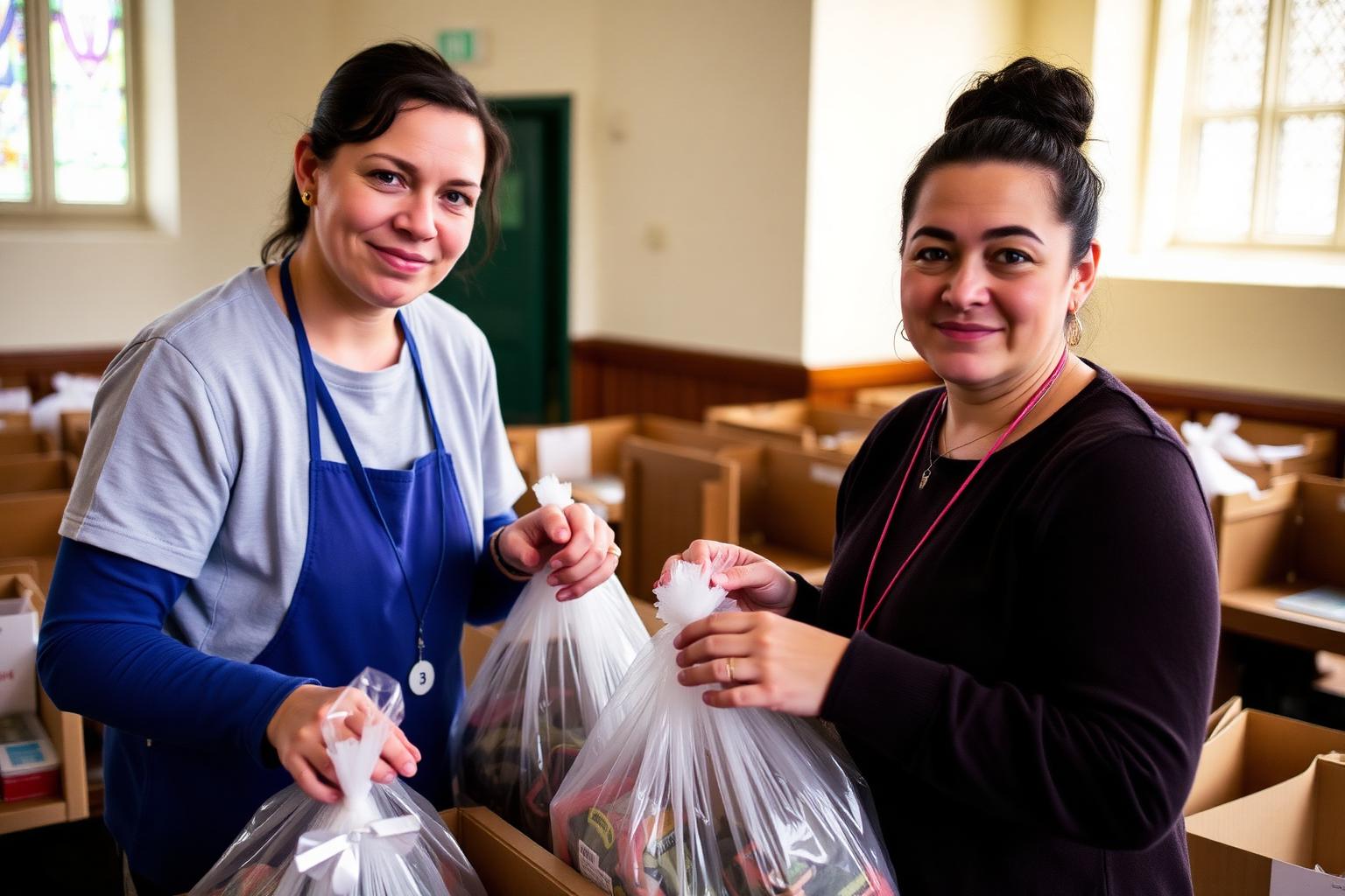 Two community volunteers packing bags of supplies in a church hall