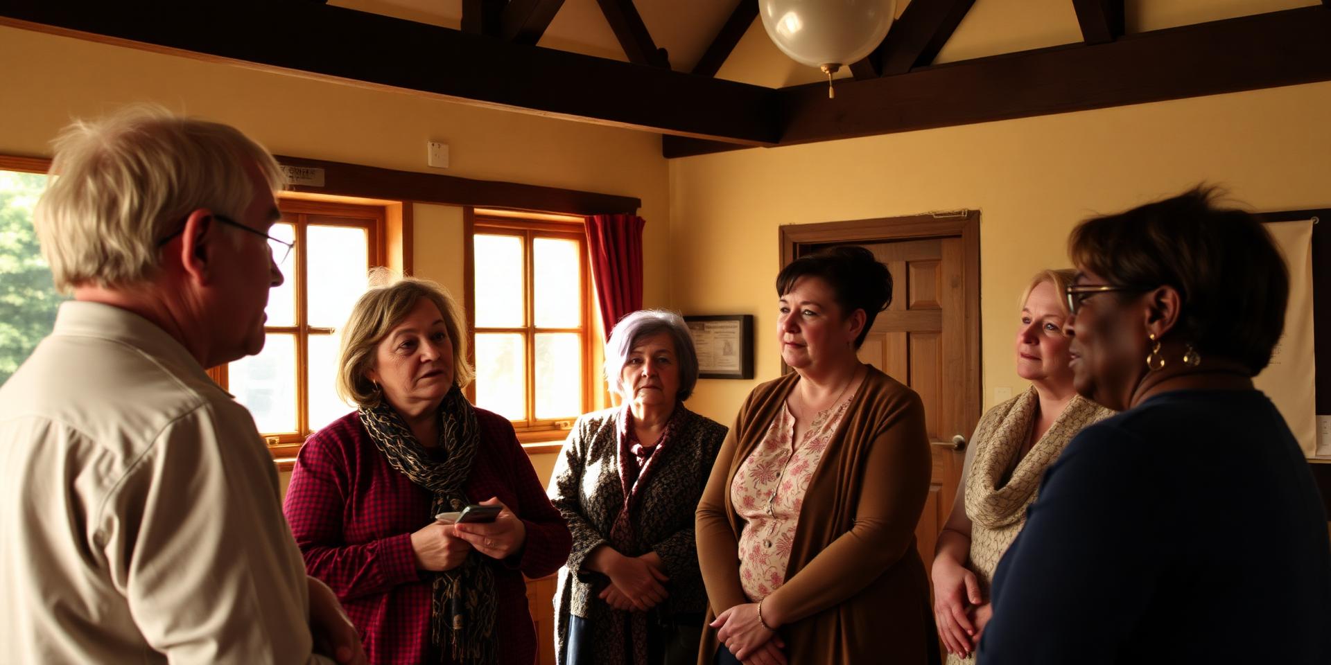 A community group leader talking with members in a village hall