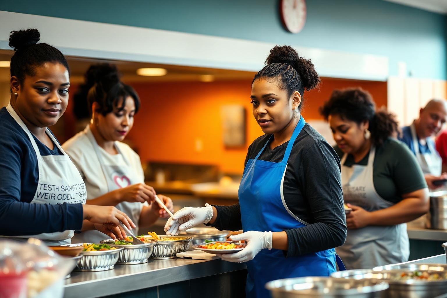 Volunteers serving hot meals at a community kitchen counter