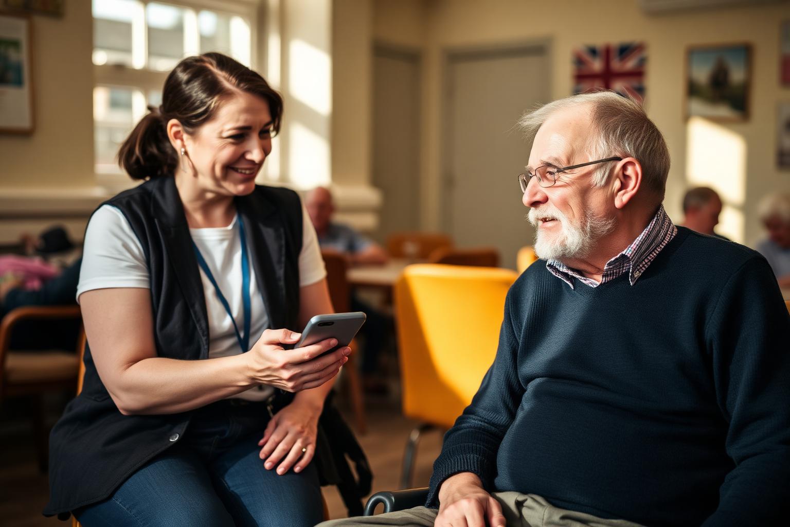 A support worker chatting with an older man over a phone at a community centre