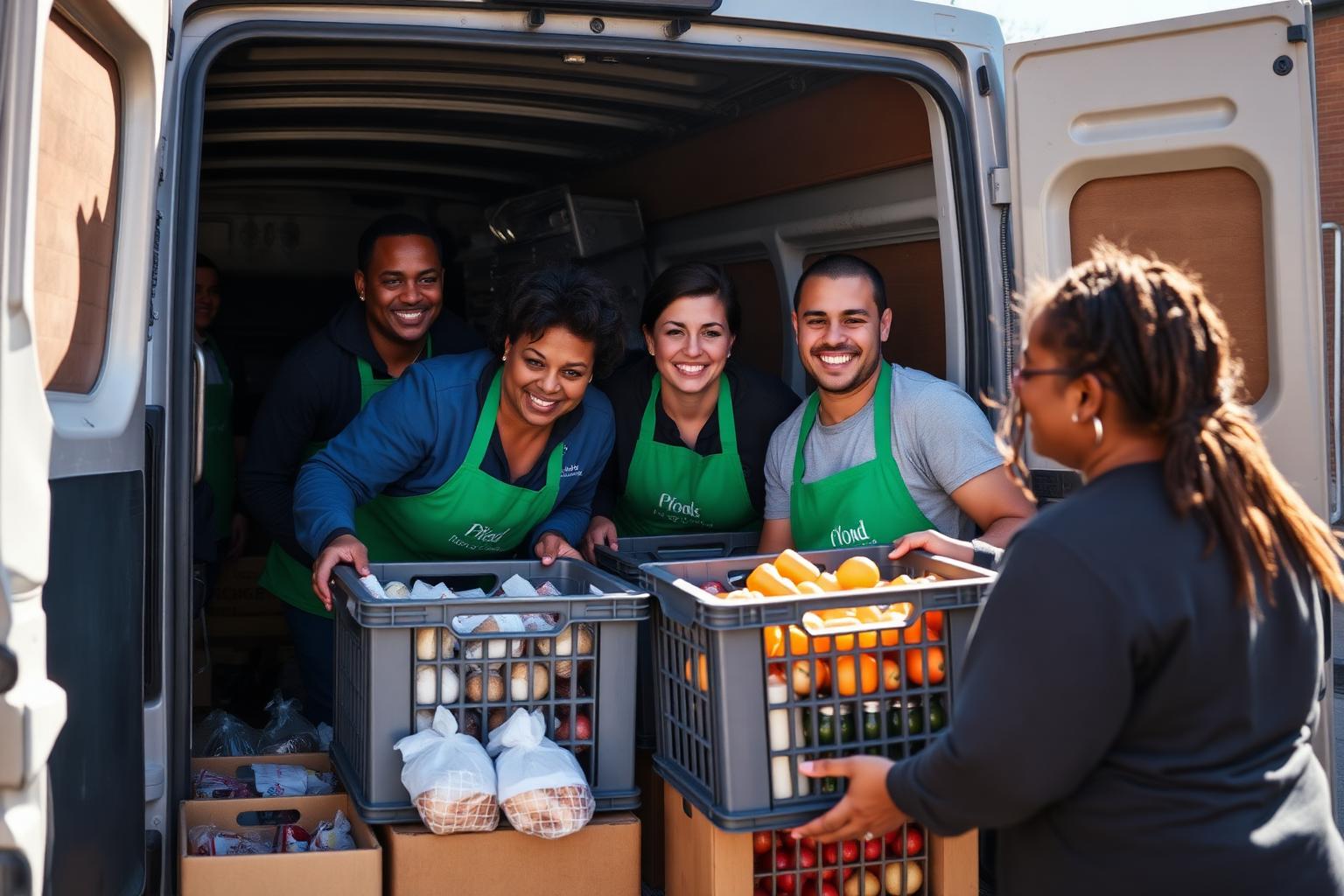 Volunteers unloading crates of food from a van together