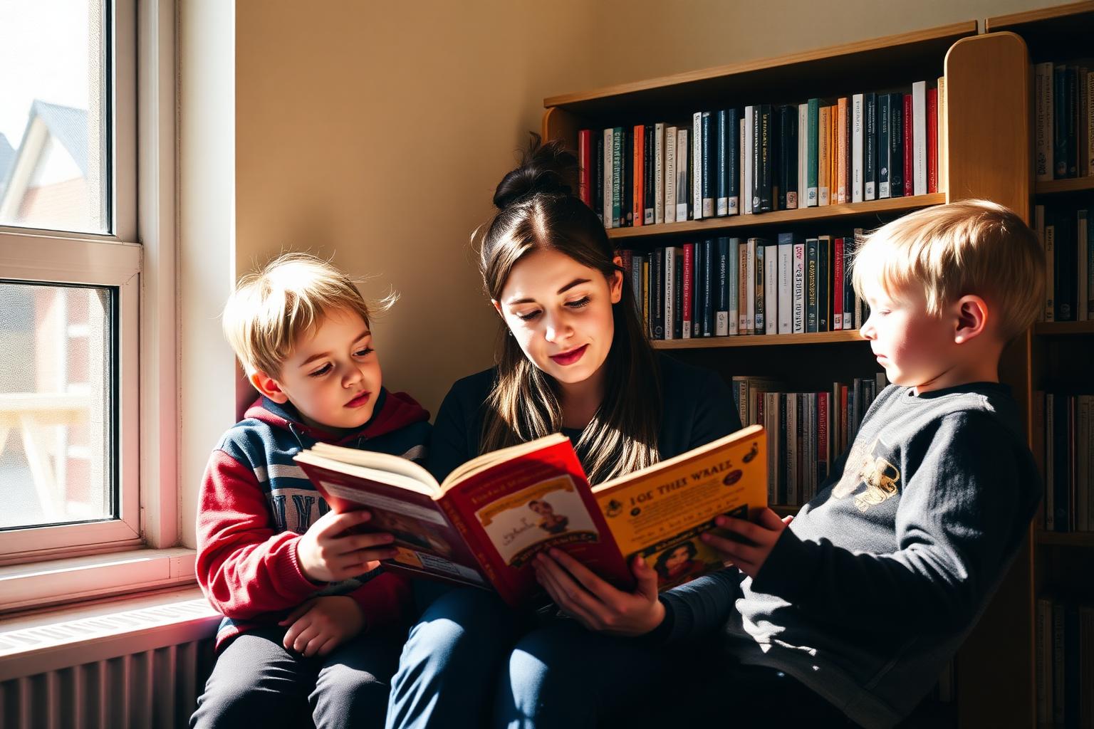 A youth worker reading with two children in a community library corner