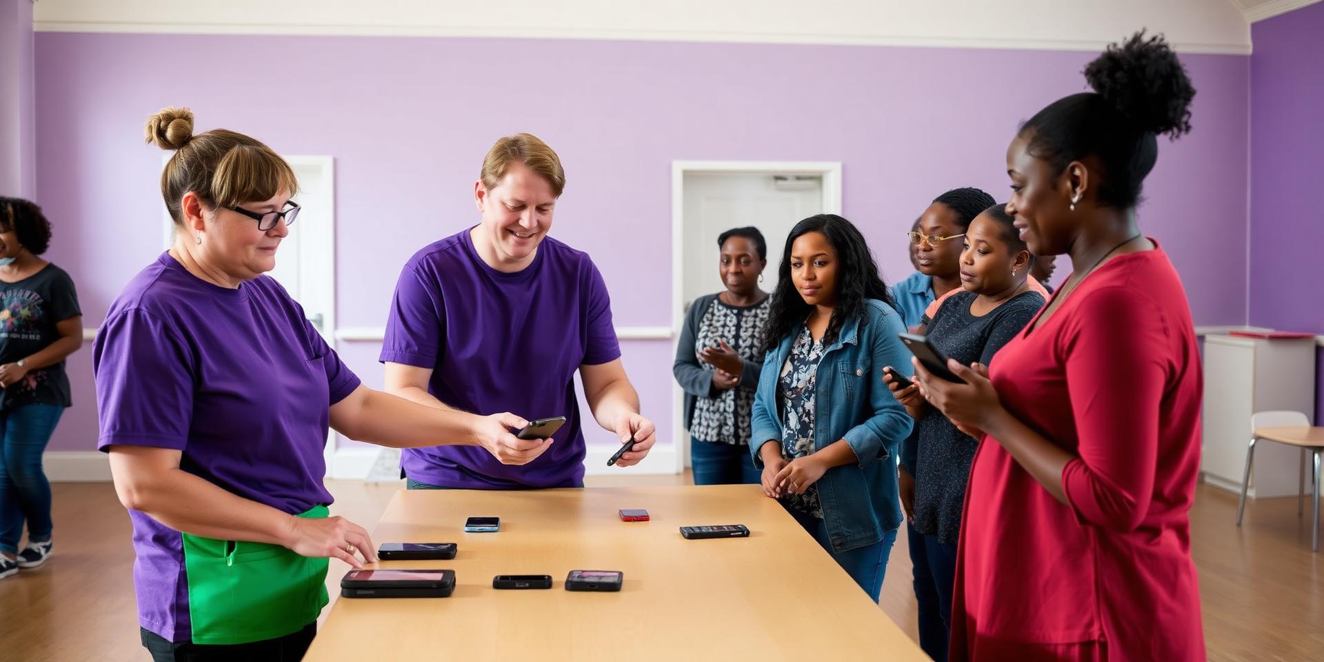 A charity coordinator handing new phones to volunteers in a community hall