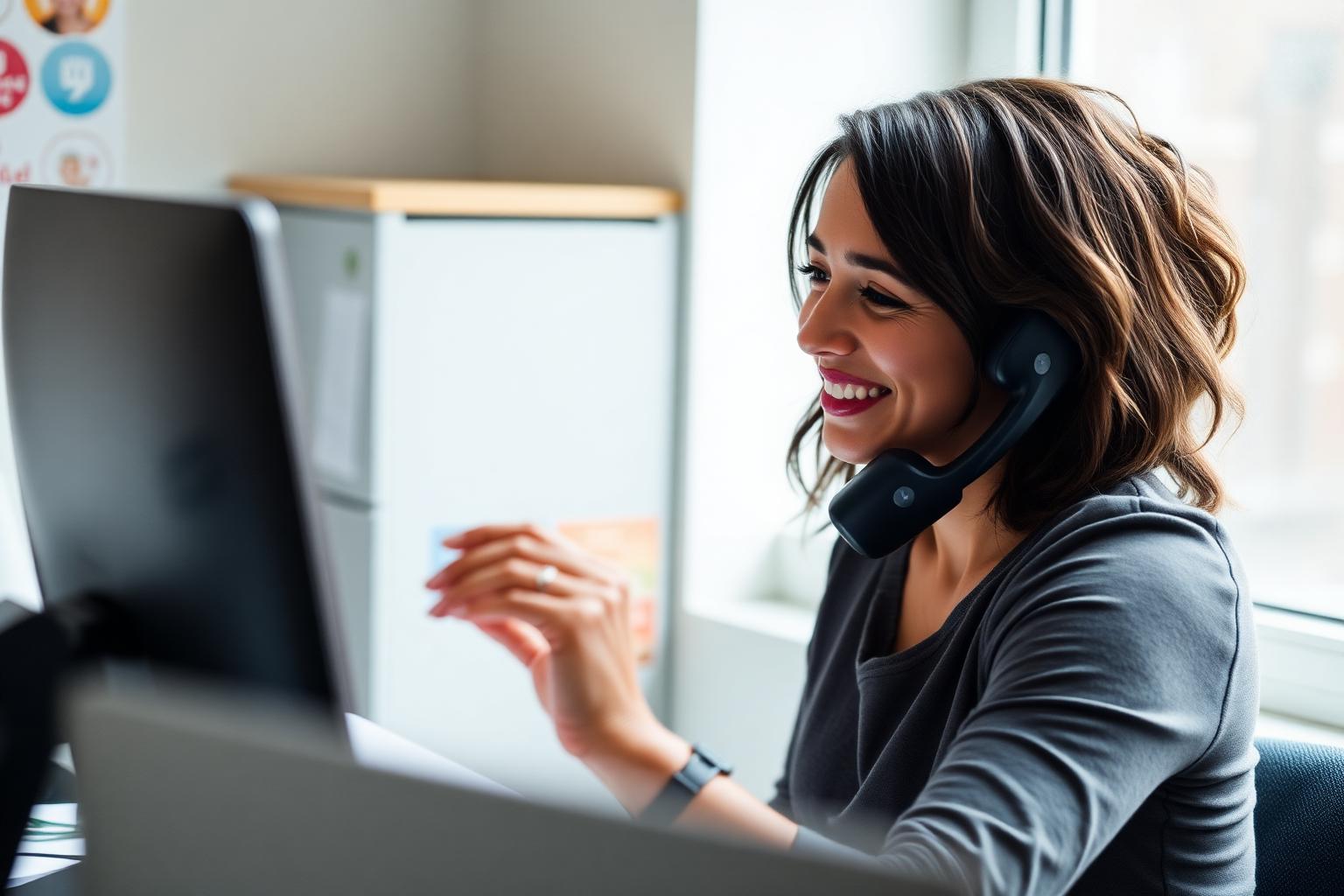A charity operations lead setting up a phone at her desk