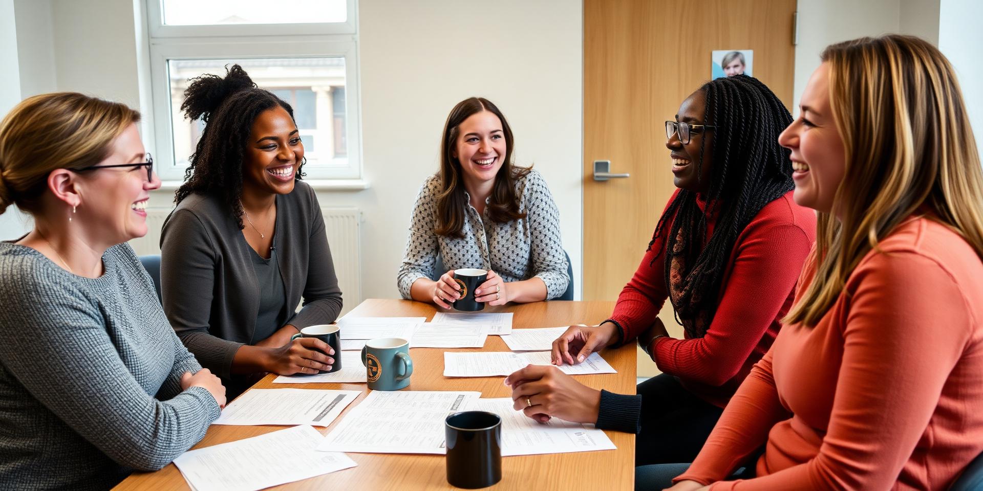 A charity team laughing around a table of paperwork and mugs