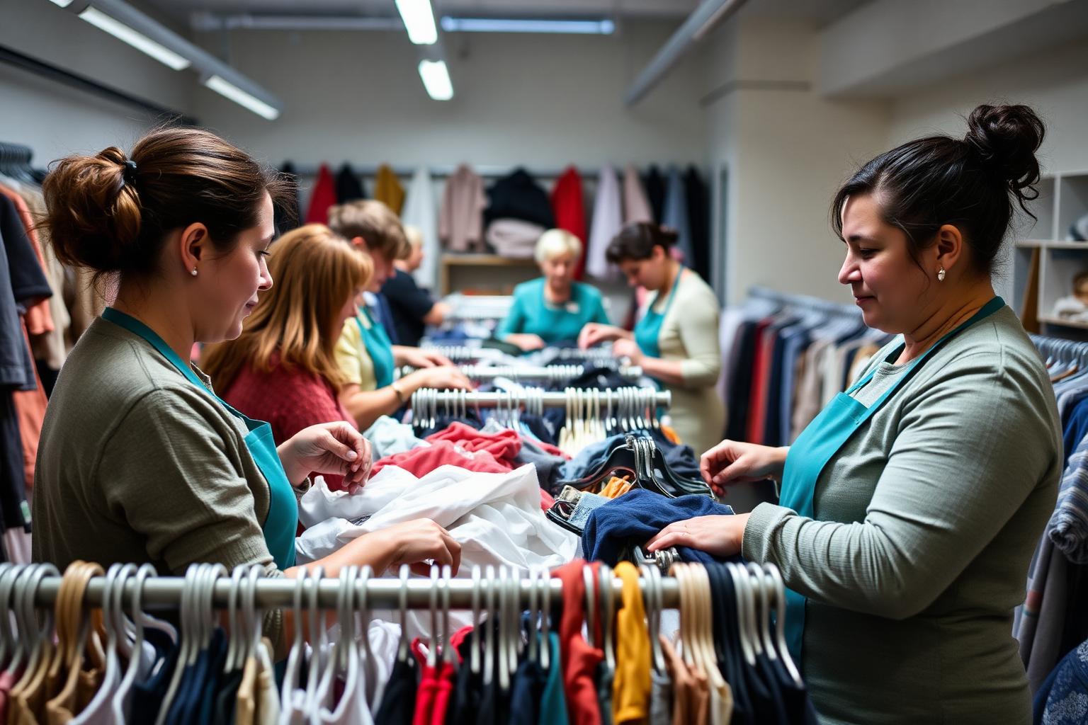 Charity shop staff sorting donated clothing on rails