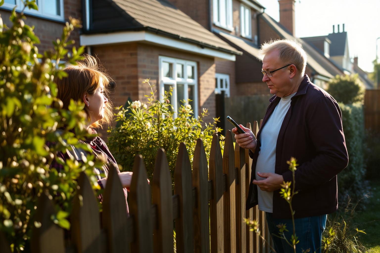 Two neighbours chatting over a garden fence, one holding a phone