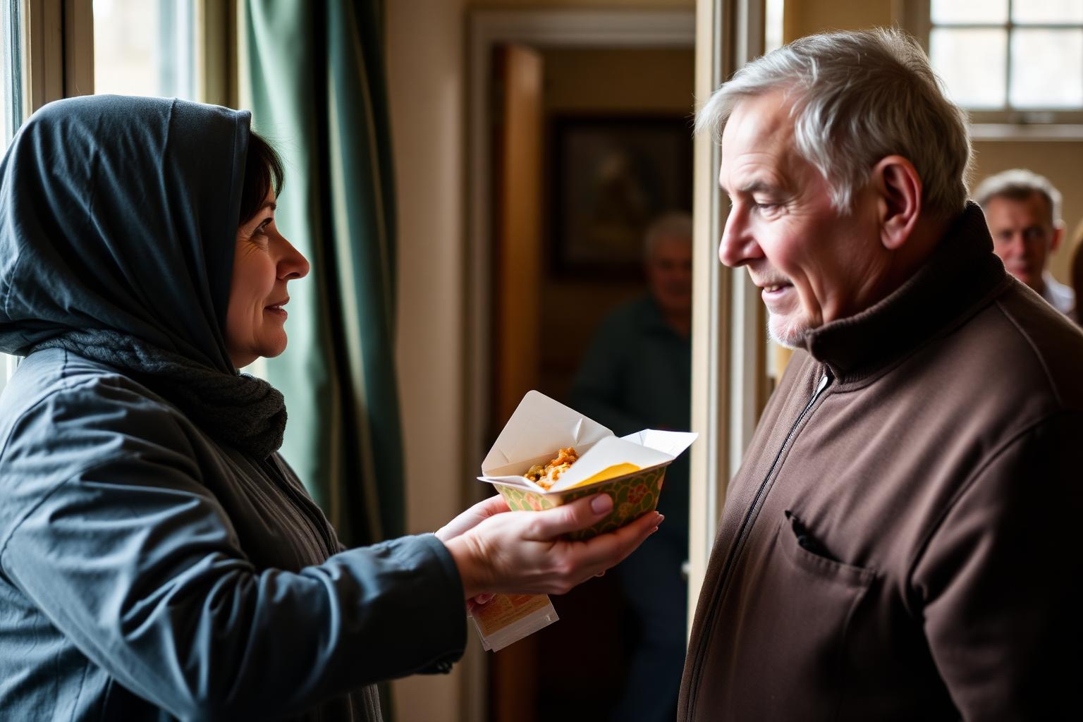 A volunteer handing a warm meal to an older man at a community hall