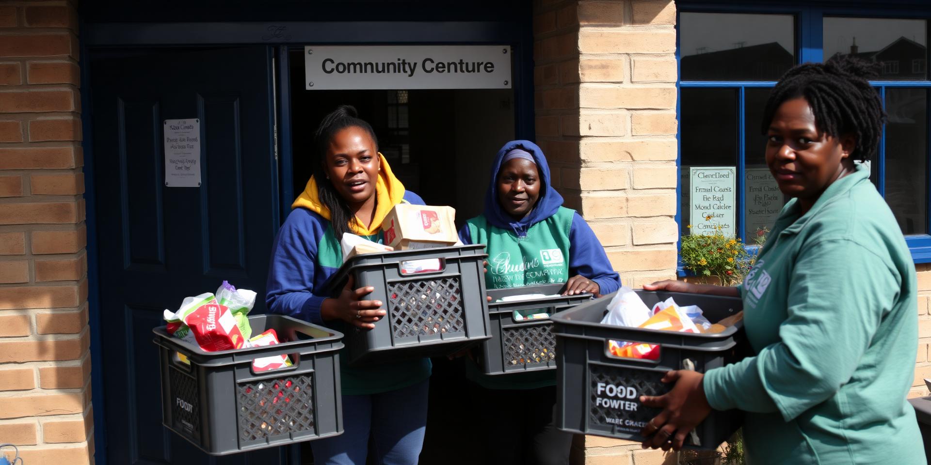 Volunteers carrying crates of food into a community centre