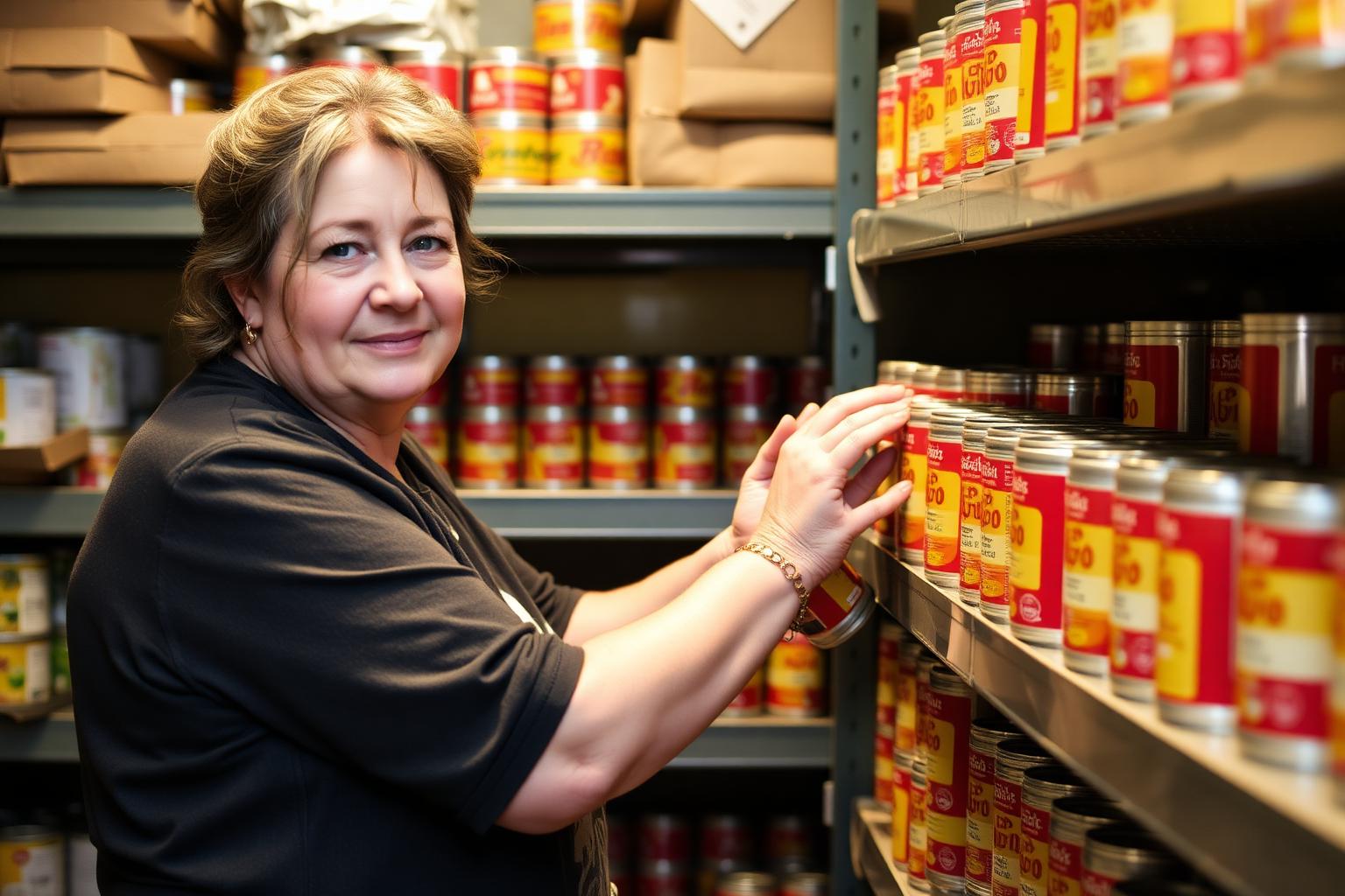 A food bank volunteer stacking tins onto shelves