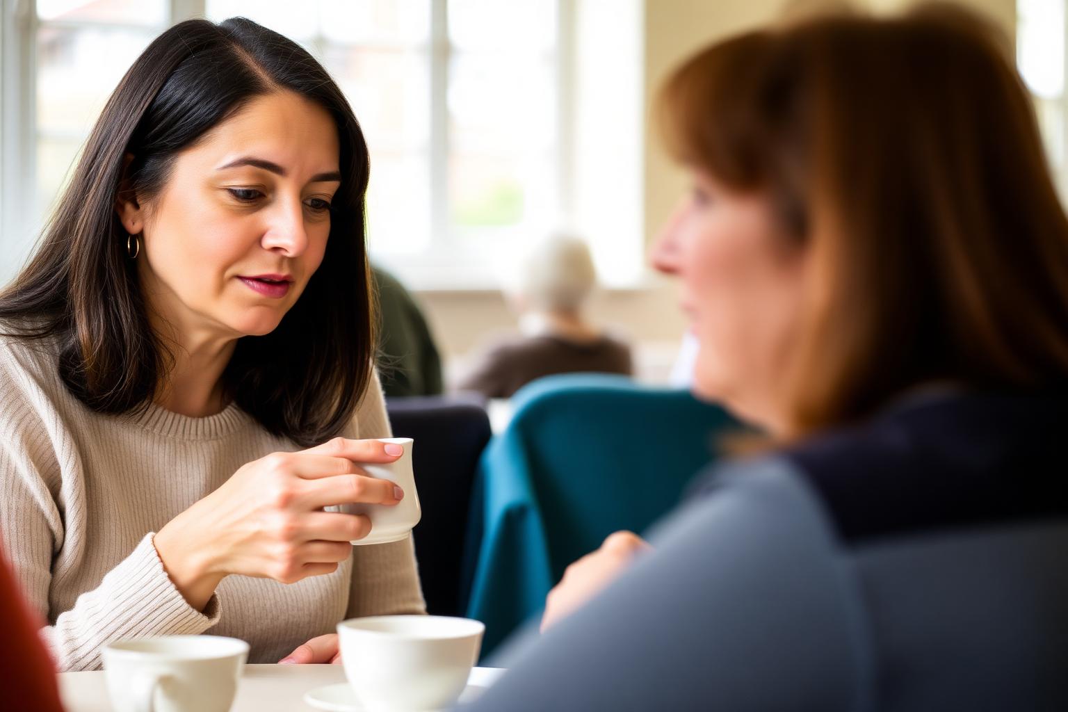 Two people talking over tea at a community support group