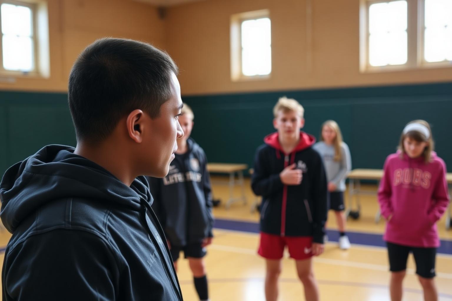 A youth club leader talking with teenagers in a sports hall