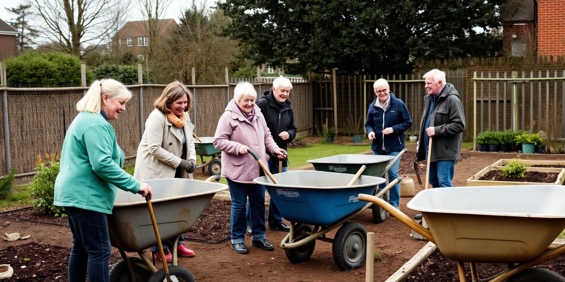Volunteers with wheelbarrows and tools planting beds in a community garden
