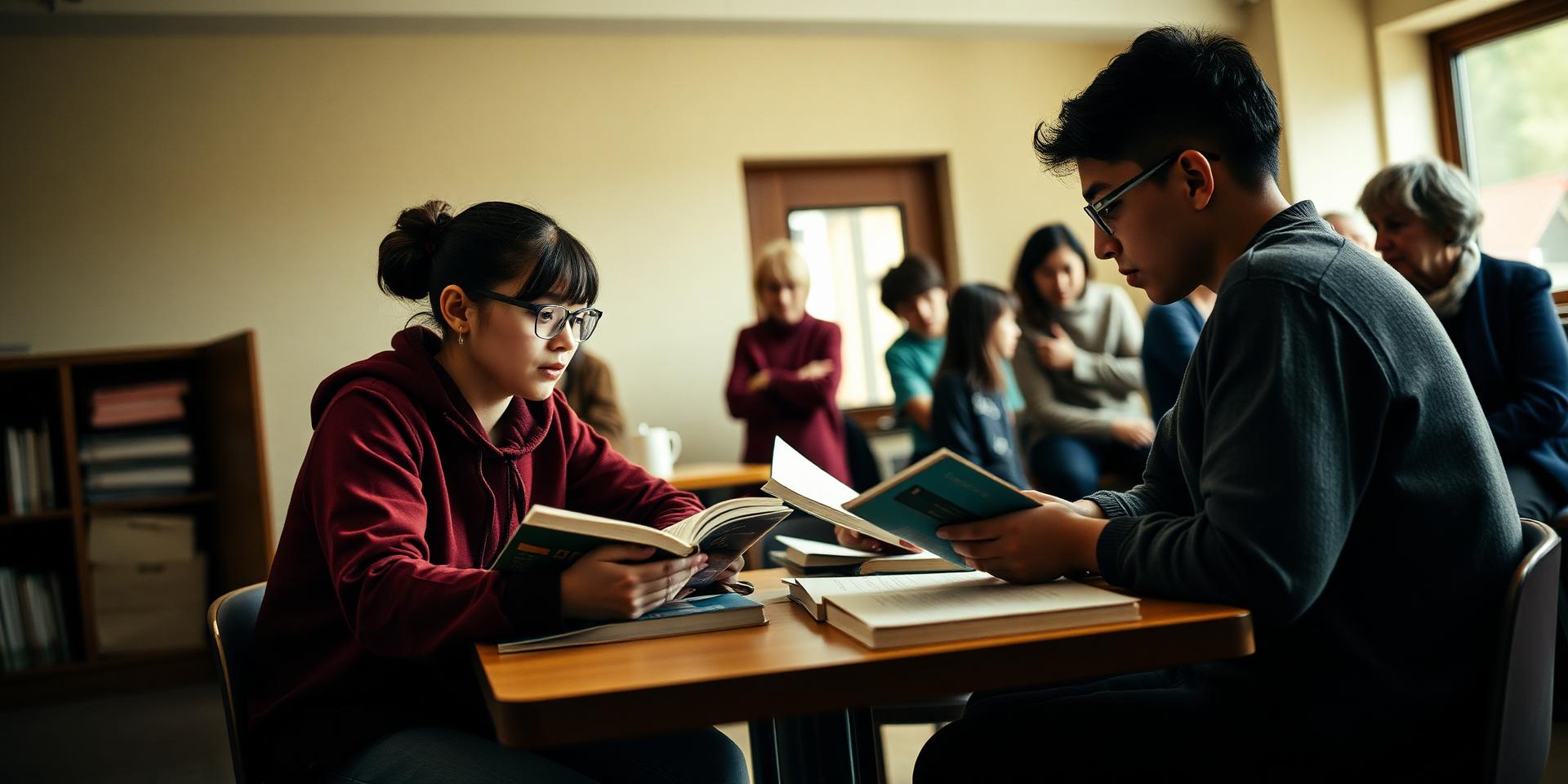 A volunteer helping two teenagers with books at a community library homework club