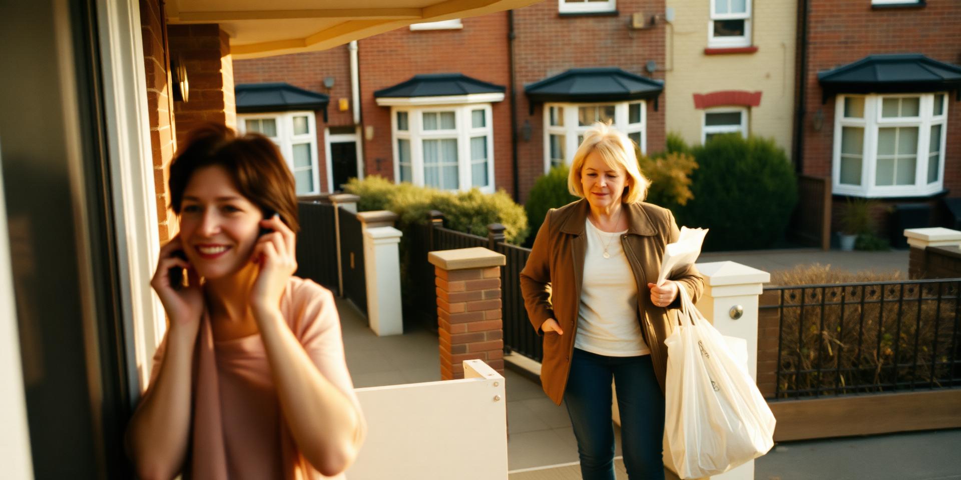 A woman on her phone on the doorstep of a terraced house as a neighbour walks past with shopping