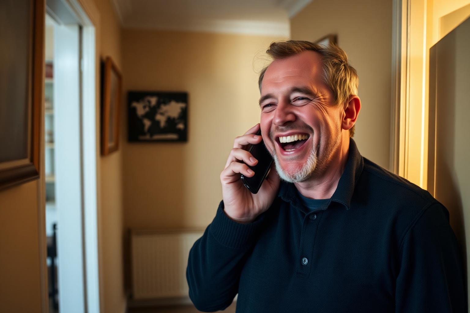 A man laughing on the phone in the hallway of his home