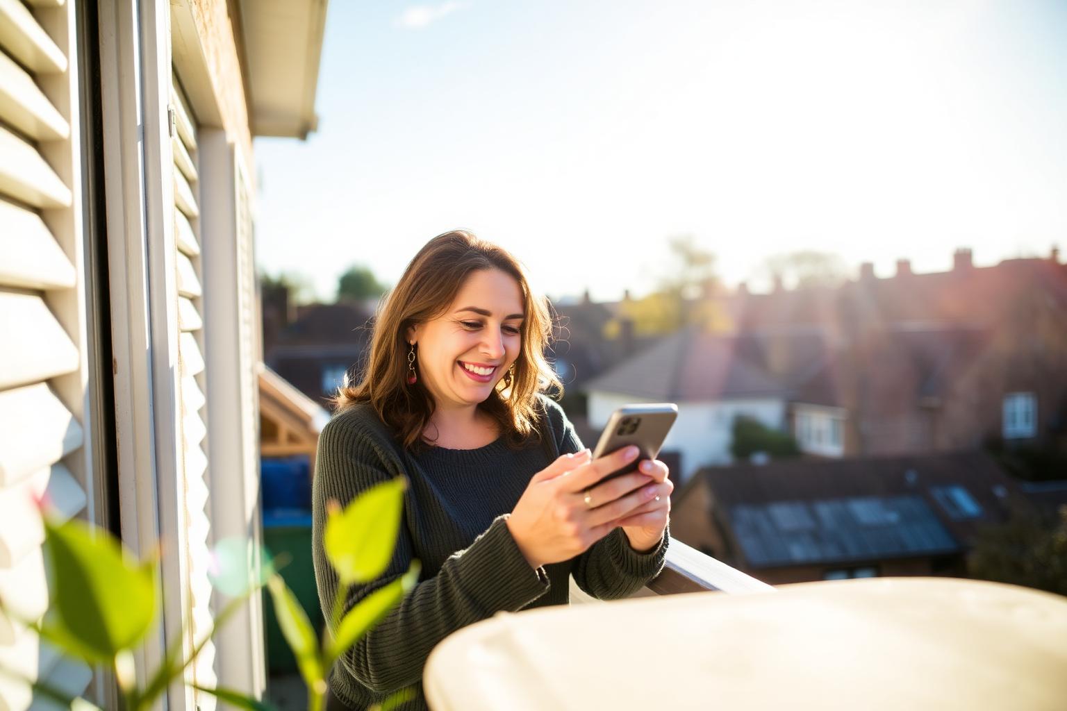 A woman smiling at her phone on her balcony in the morning sun