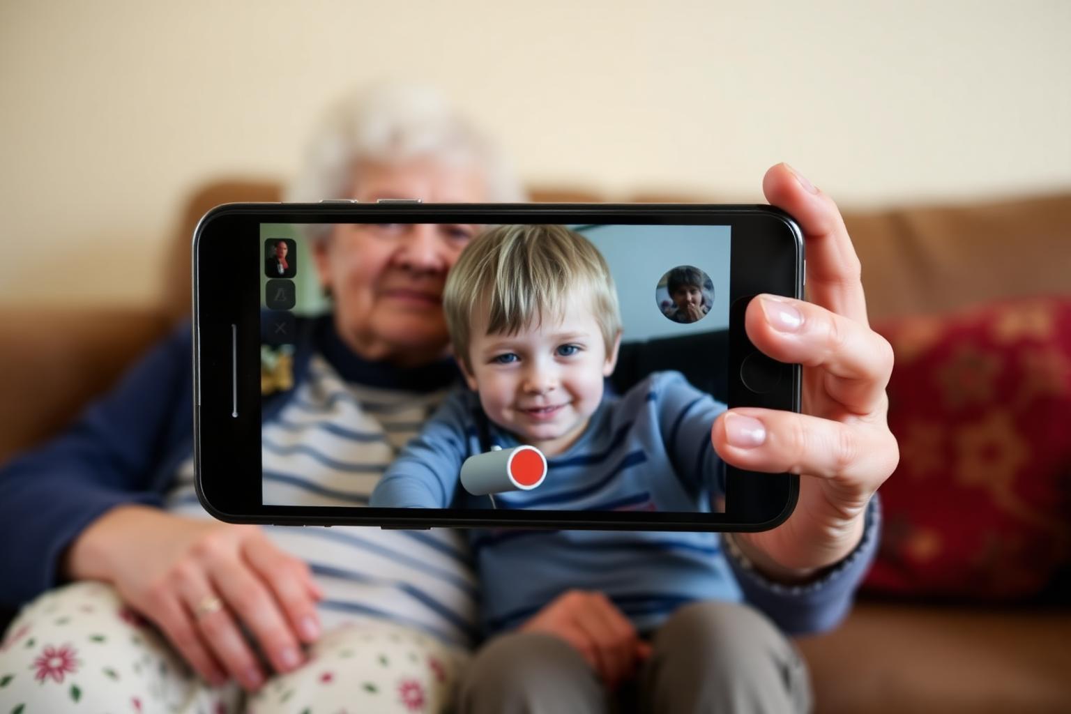 A grandmother and grandson on a video call in a living room