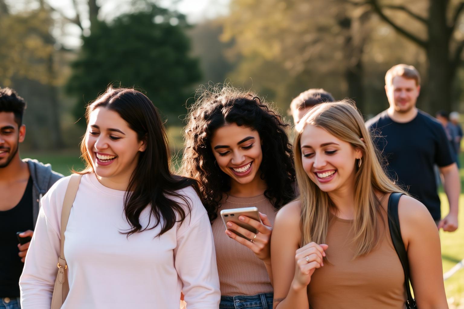 Friends walking through a park laughing, one checking her phone