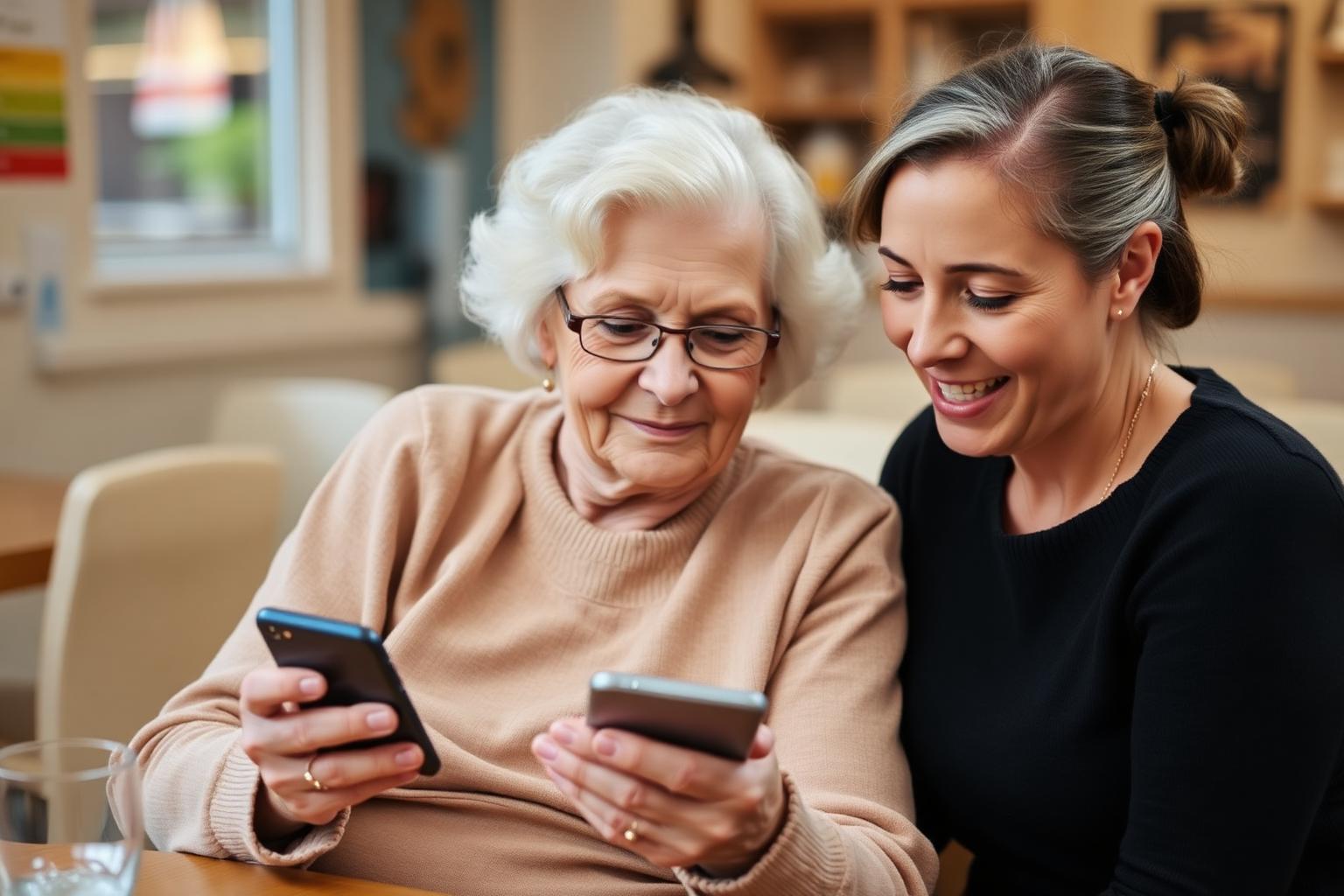 An older woman learning to use her smartphone with a friendly helper