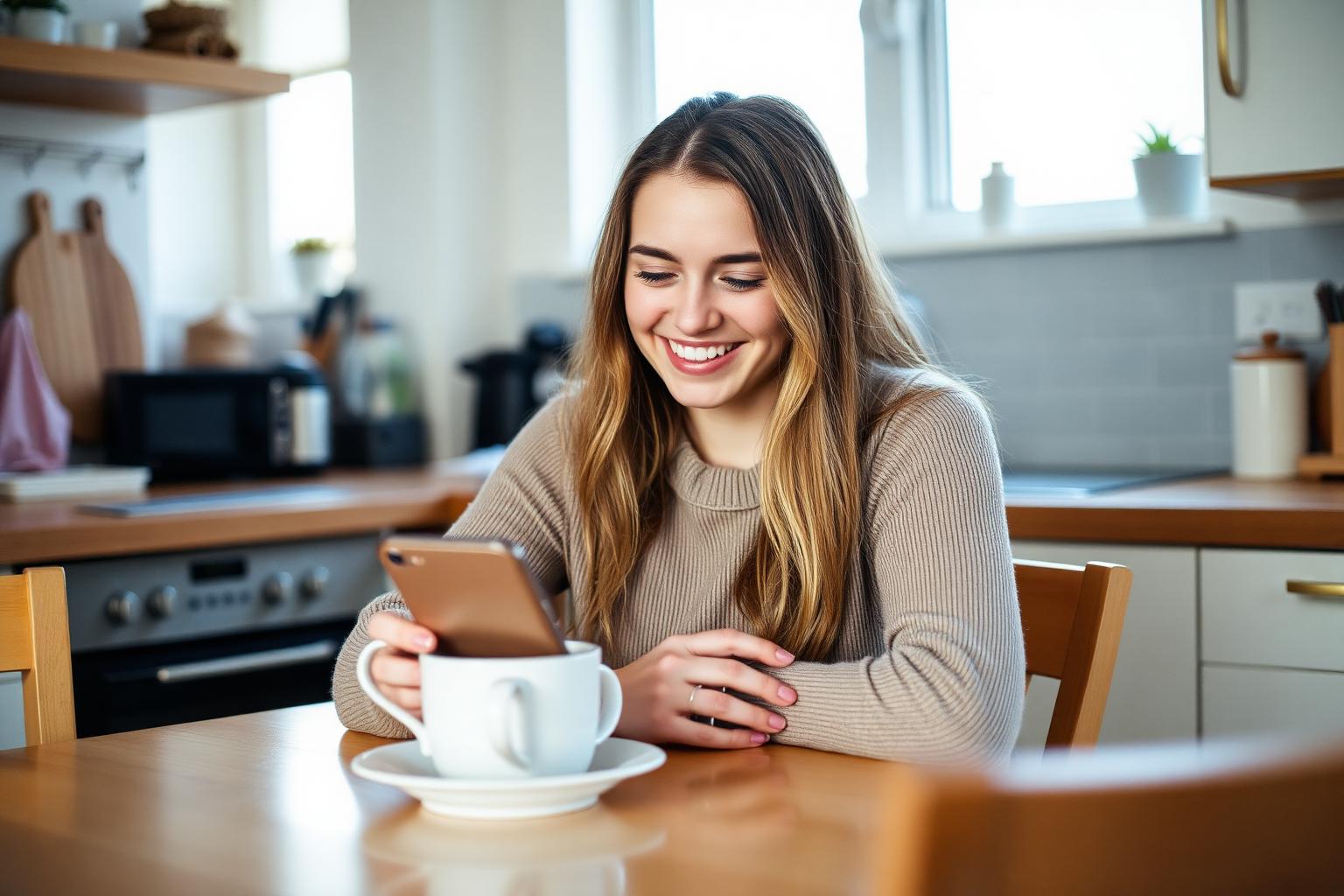 A woman smiling at her phone over a mug of tea at her kitchen table
